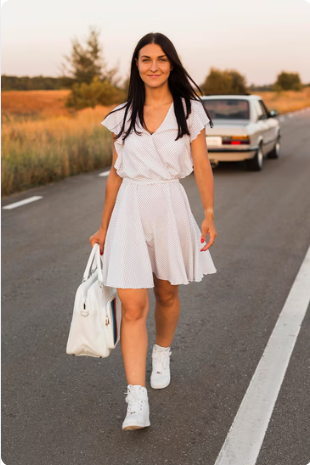 White Mini Dress + Burgundy Sneakers