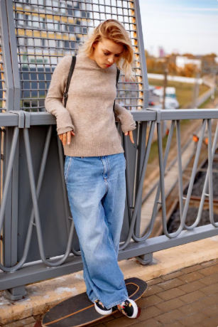 Cozy Knit Sweater + White Wide-Leg Pants + Sneakers
