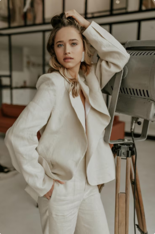 Beige Oversized Blazer + White Tank + Beige Trousers