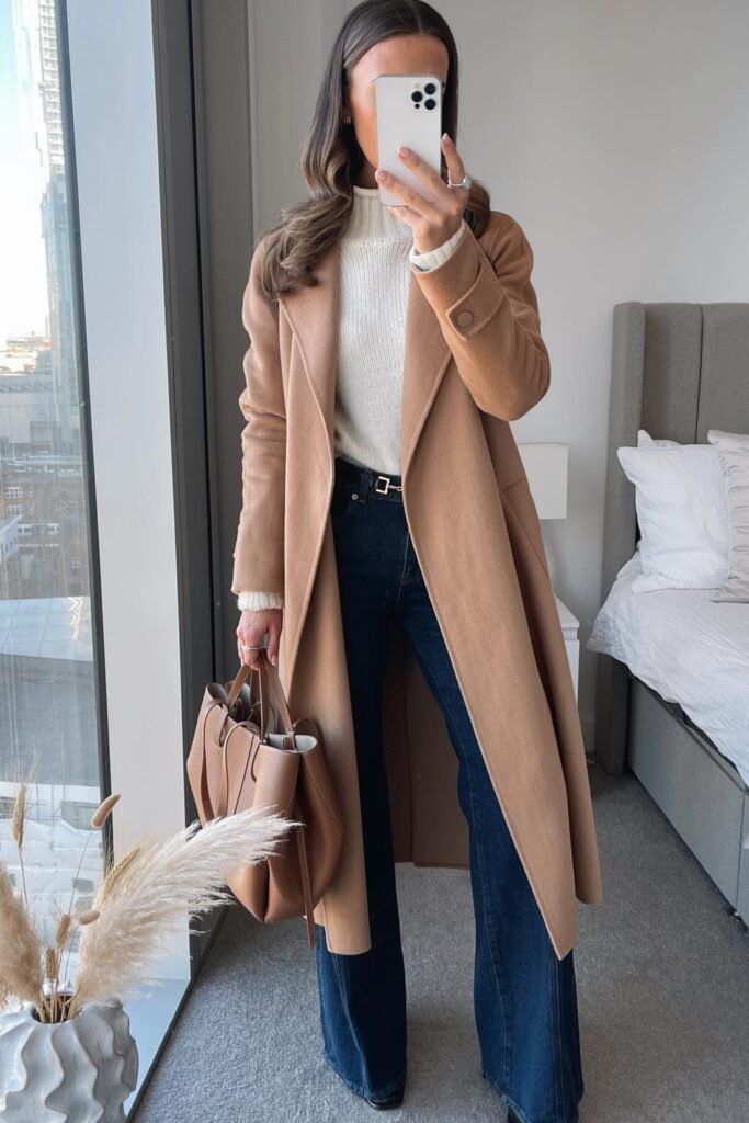 Tan Oversized Blazer + White Turtleneck Top + Light Wash Wide-Leg Trousers + White Sneakers