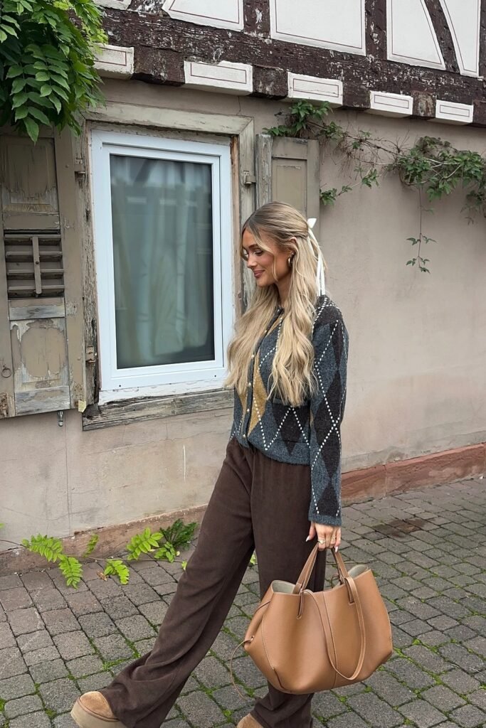 Argyle Knit Cardigan + Brown Corduroy Wide-Leg Pants + Tan Platform Boots + Tan Structured Tote Bag