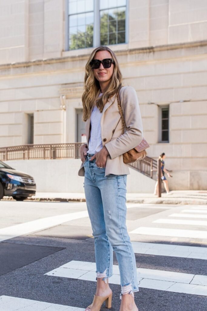 Beige Blazer + White T-Shirt + Light Wash Distressed Ankle Jeans + Tan Block Heeled Mules + Tan Chain Strap Bag