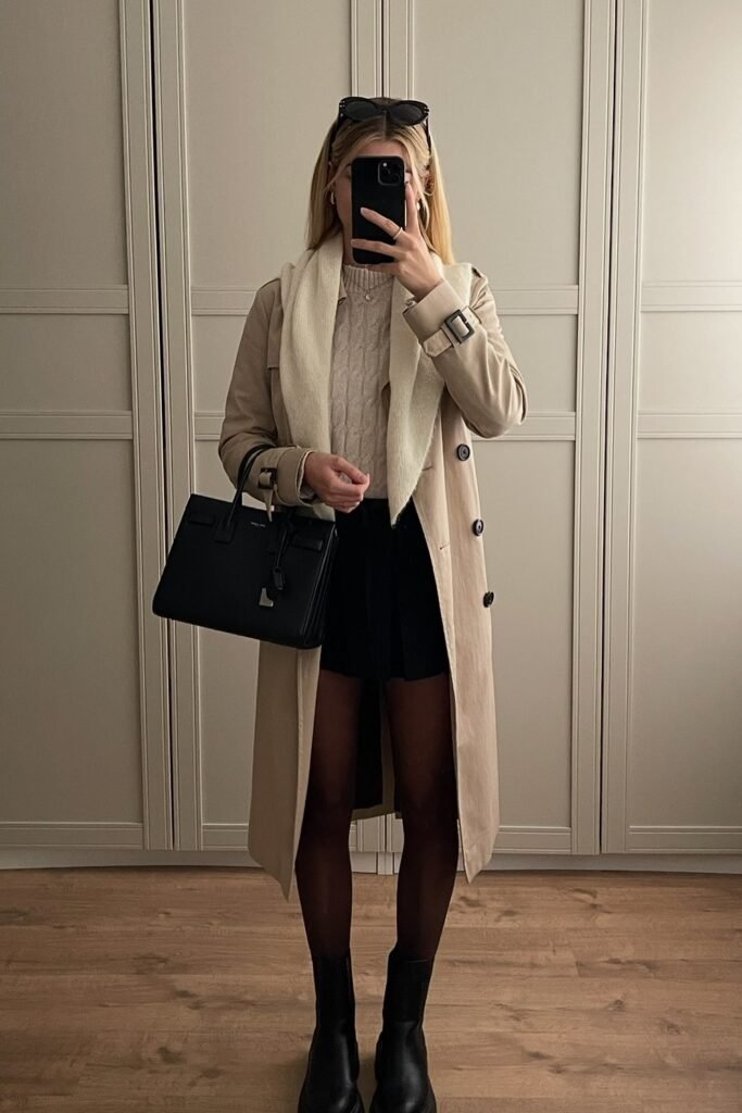 Classic Trench Coat + Beige Cable Knit Sweater + Black Pleated Mini Skirt + Black Lug Sole Ankle Boots