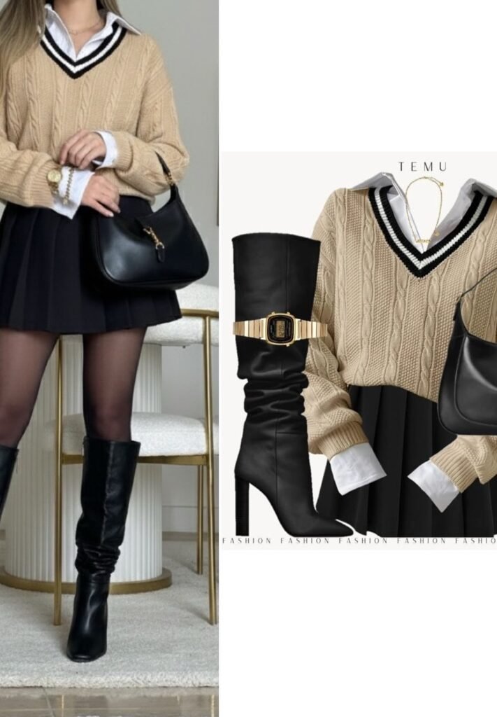 Beige Cable Knit Sweater + White Collared Shirt + Black Pleated Mini Skirt + Black Knee Boots + Black Shoulder Bag
