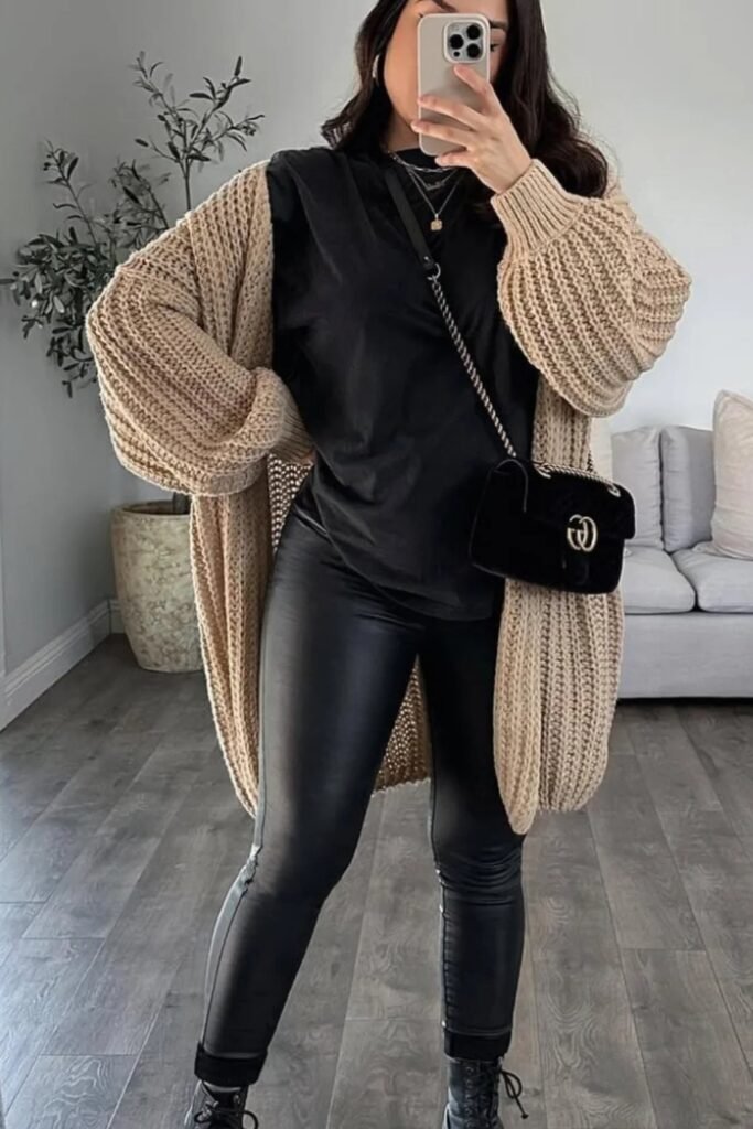 Beige Chunky Cardigan + Black T-Shirt + Black Faux Leather Leggings + Black Ankle Boots