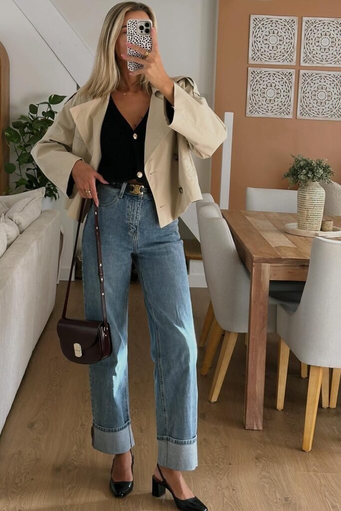 Beige Cropped Jacket + Black Cardigan/Top + Blue Wide-Leg Jeans + Black Slingback Heels