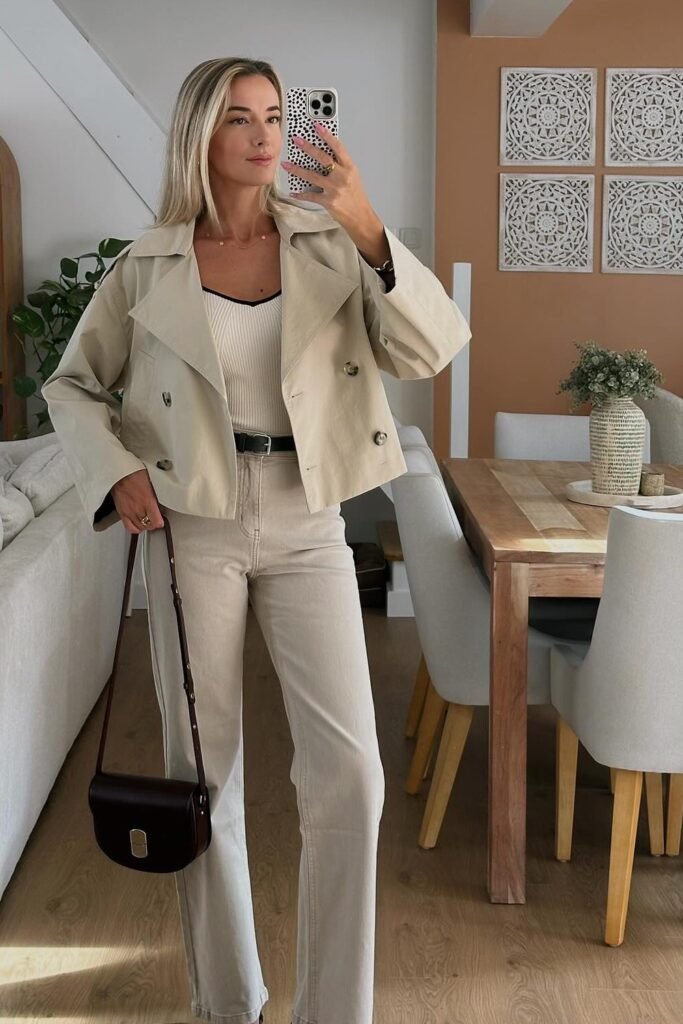 Beige Cropped Jacket + White Ribbed Cami Top + Beige Straight-Leg Jeans