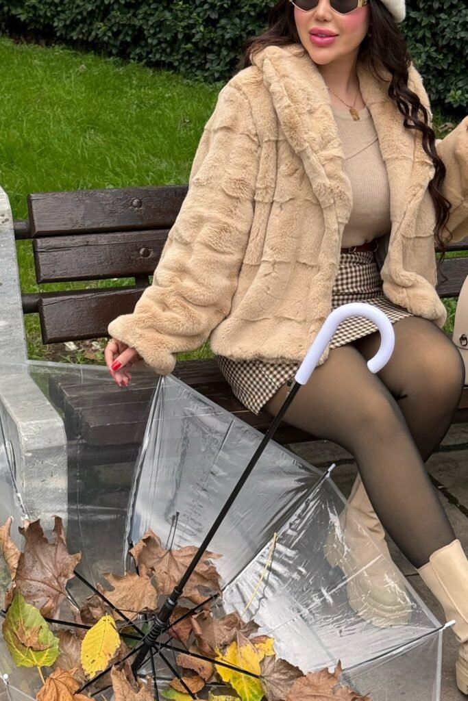 Beige Faux Fur Jacket + Tan Ribbed Top + Plaid Mini Skirt + Black Tights + Beige Boots