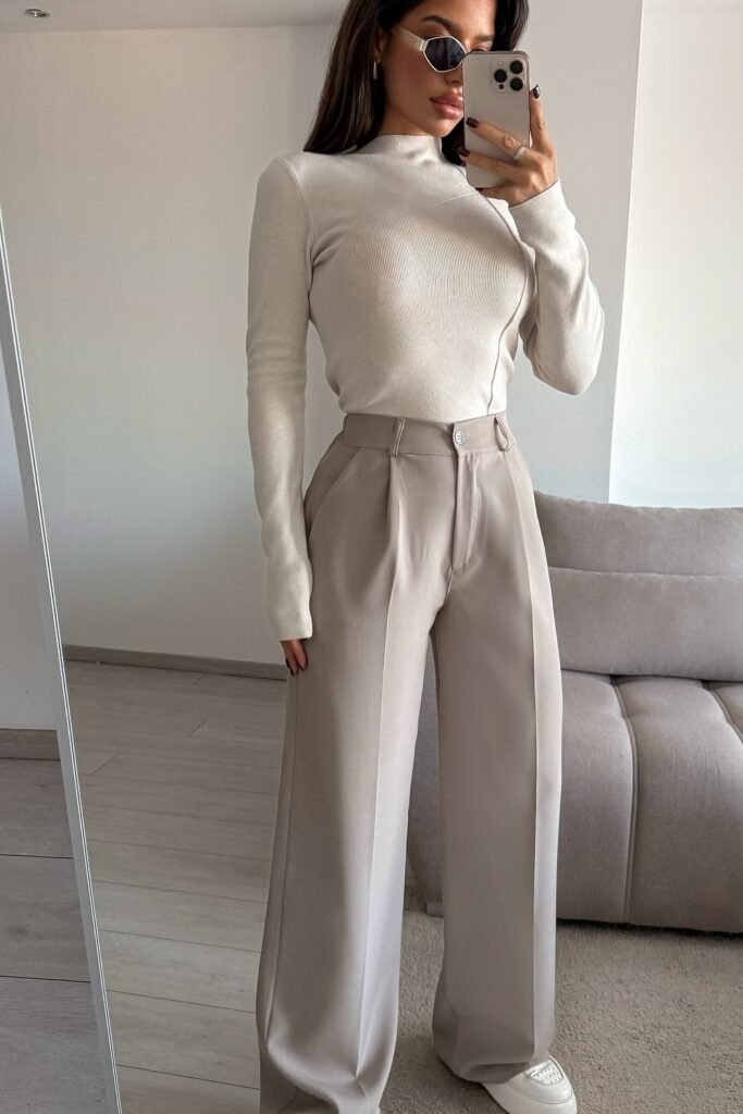 Beige Fitted Knit Top + Light Taupe Wide-Leg Trousers + White Sneakers + Sunglasses