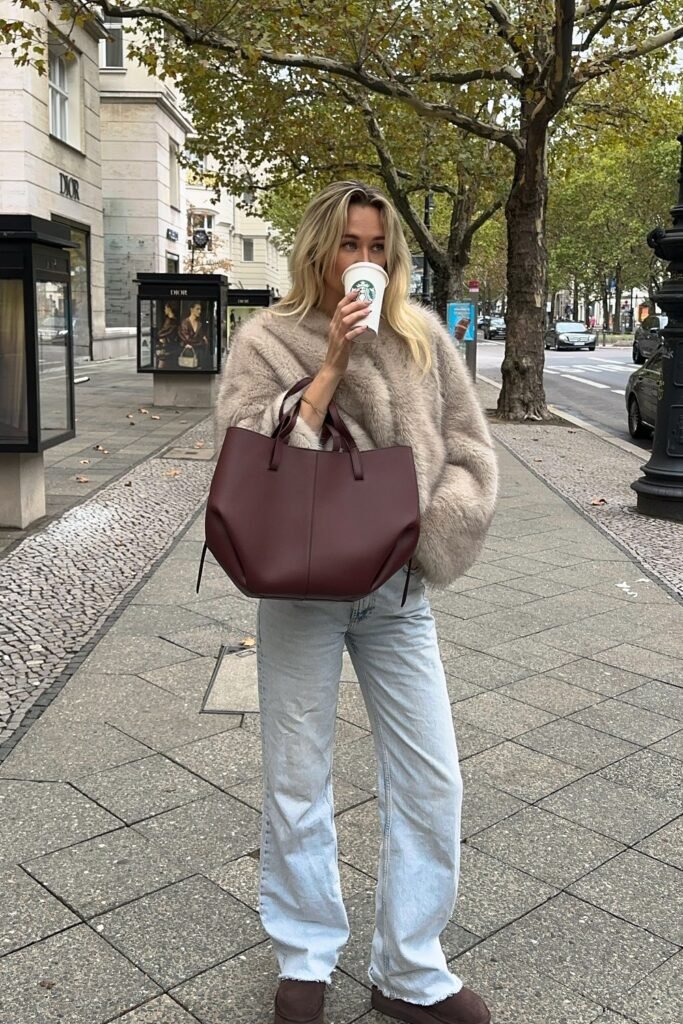 Beige Fluffy Faux Fur Sweater + Light Wash Wide-Leg Jeans + Burgundy Tote Bag