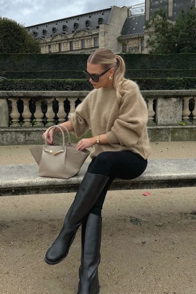 Beige Fuzzy Sweater + Black Skinny Jeans + Black Knee-High Boots + Taupe Handbag