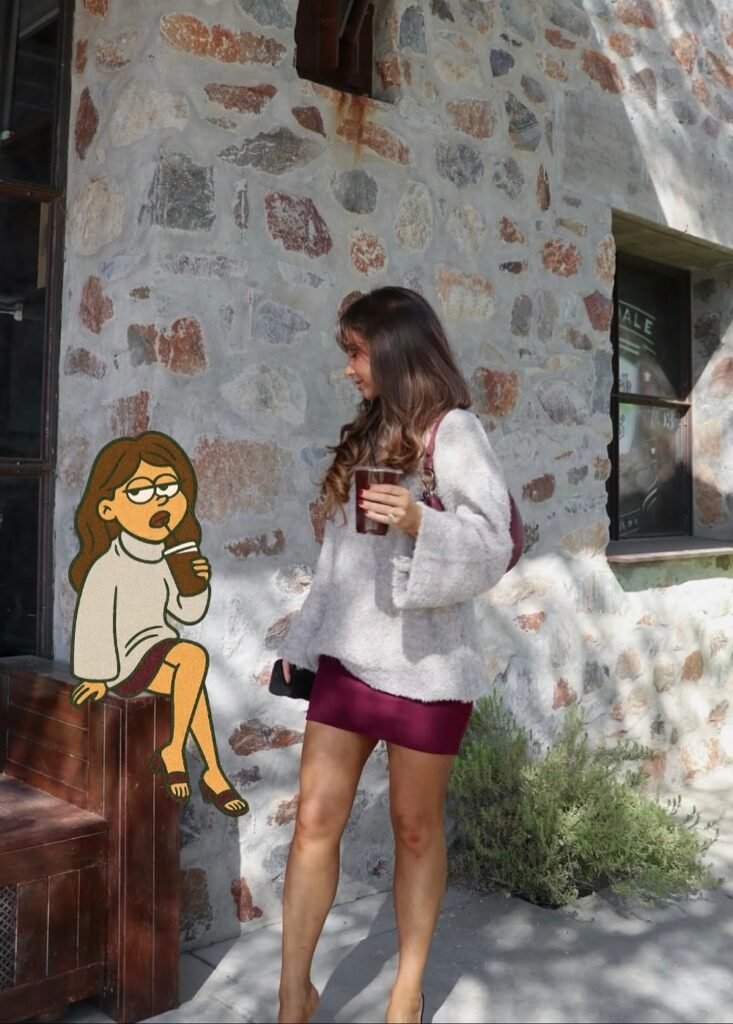 Beige Fuzzy Sweater + Burgundy Mini Skirt + Burgundy Shoulder Bag + Nude Heels