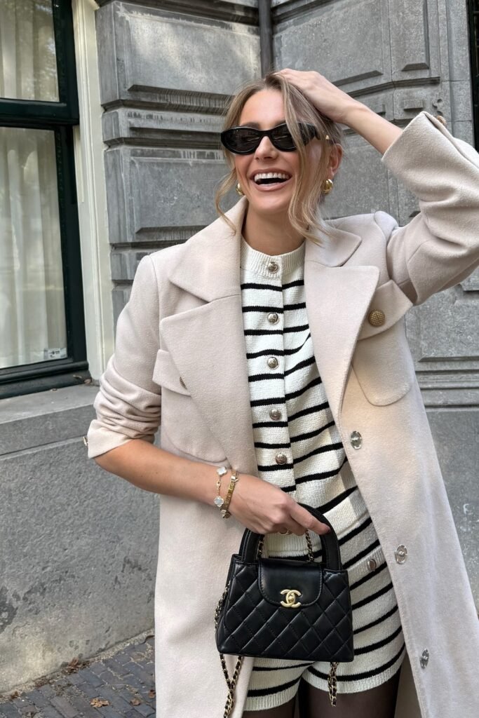 Beige Knit Cardigan with Gold Buttons + Matching Striped Knit Shorts + Beige Wool Coat