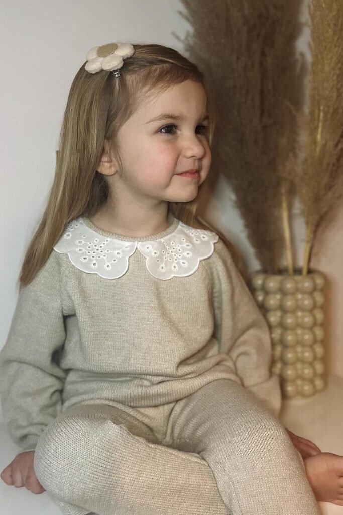 Beige Knit Sweater + Knit Pants + White Peter Pan Collar + Hair Clip