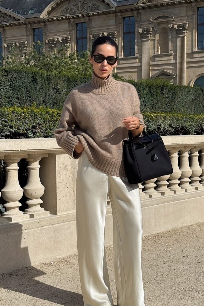 Beige Knit Turtleneck + White Wide-Leg Silk Trousers + Black Structured Tote Bag + Sunglasses