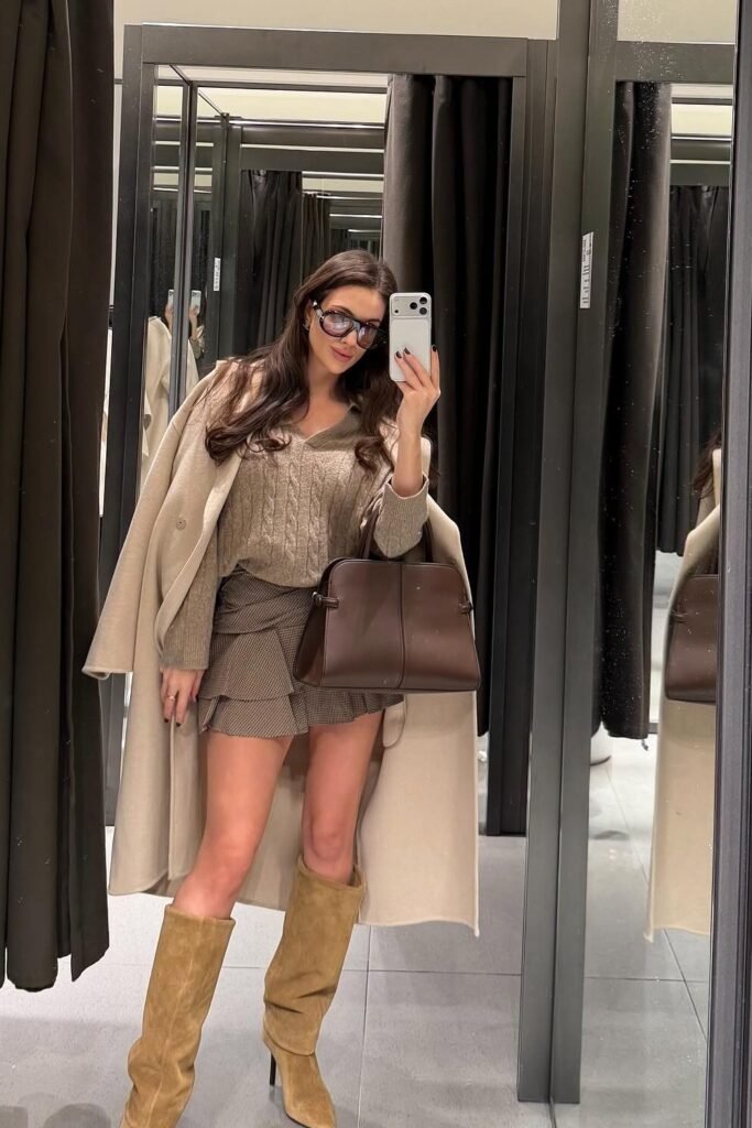 Beige Overcoat + Brown Cable Knit Sweater + Brown Plaid Ruffle Mini Skirt + Tan Suede Knee-High Boots