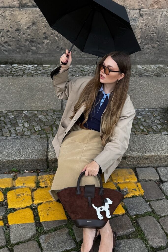 Beige Oversized Blazer + Navy Polo Top + Tan Suede Midi Skirt + Brown Tote Bag