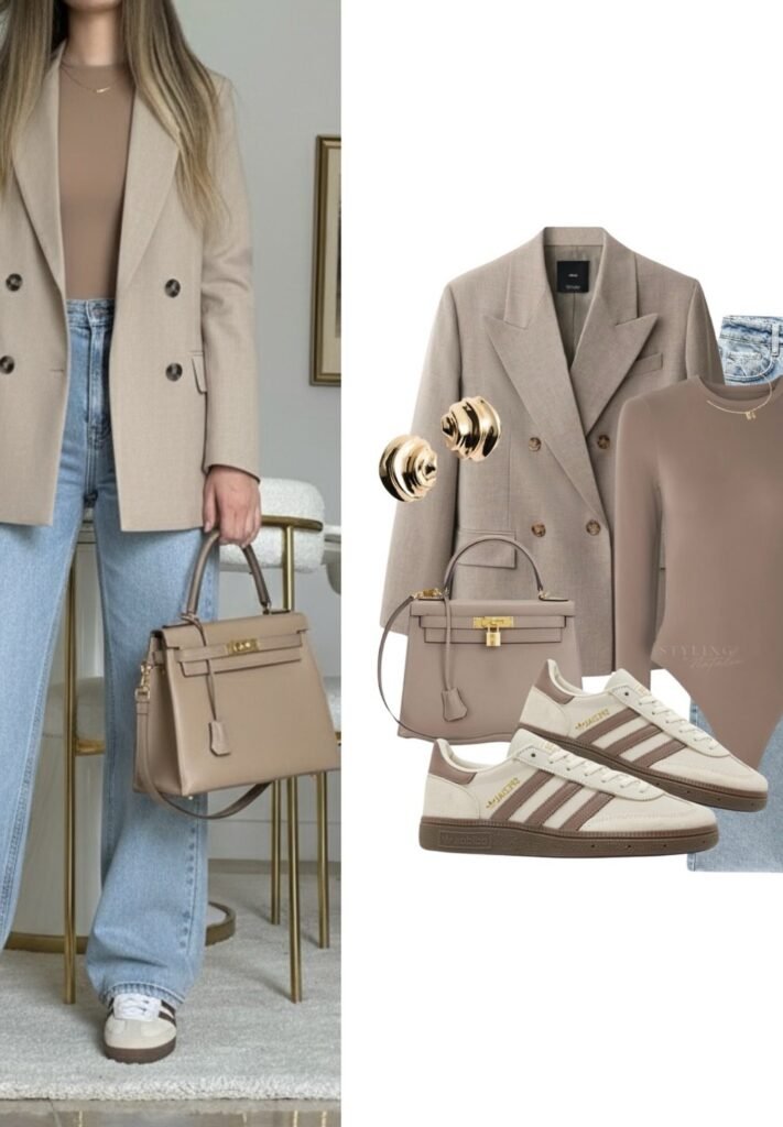 Beige Oversized Blazer + Taupe Long Sleeve Top + Light Blue Wide-Leg Jeans + Beige Sneakers + Taupe Handbag