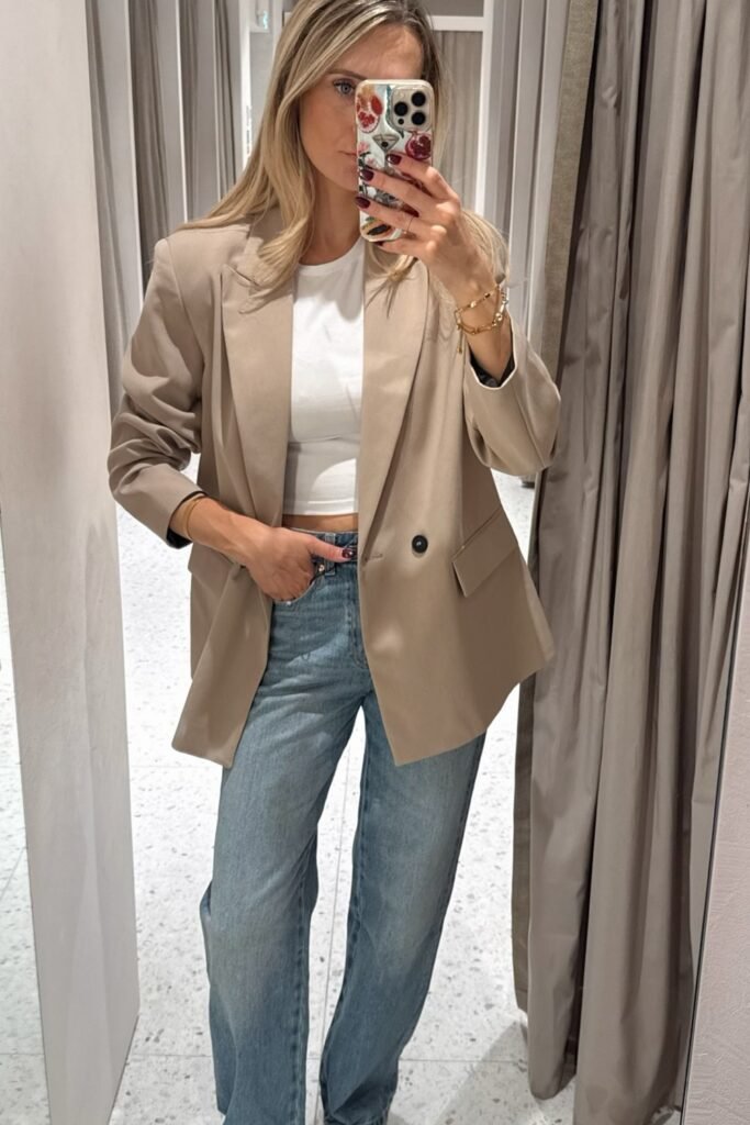 Beige Oversized Blazer + White Cropped Top + Light Wash Jeans