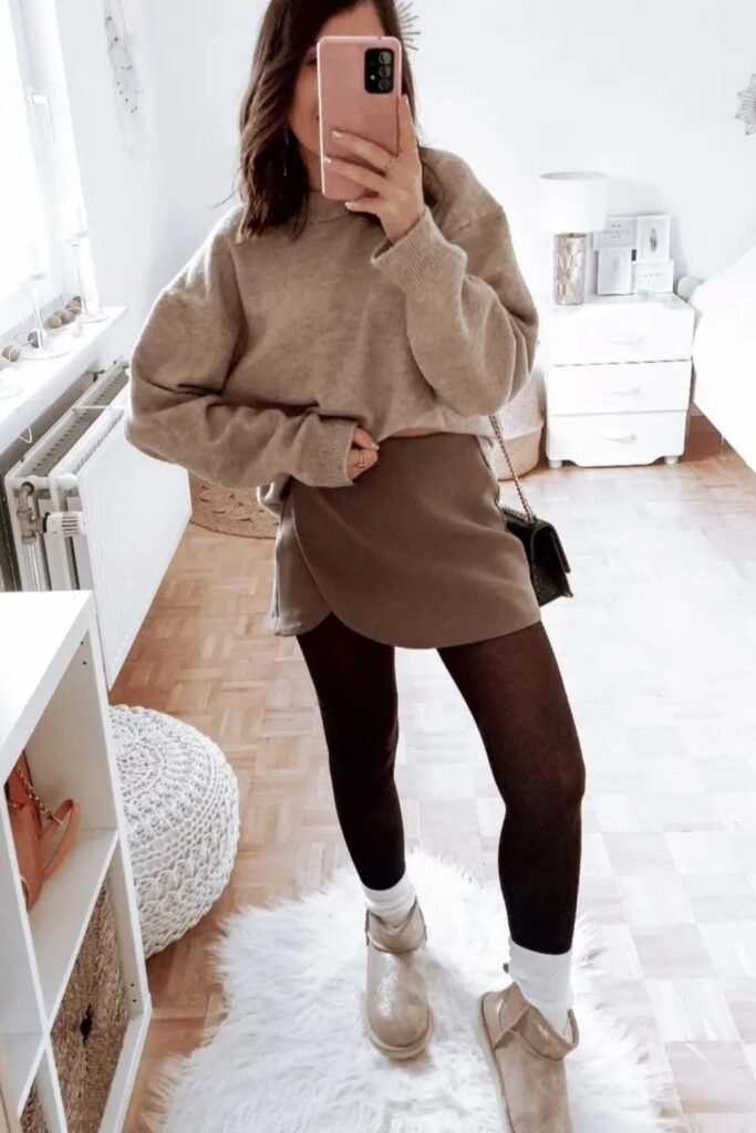 Beige Oversized Sweater + Taupe Mini Skirt/Skort + Black Tights + Cream Ankle Boots + White Socks
