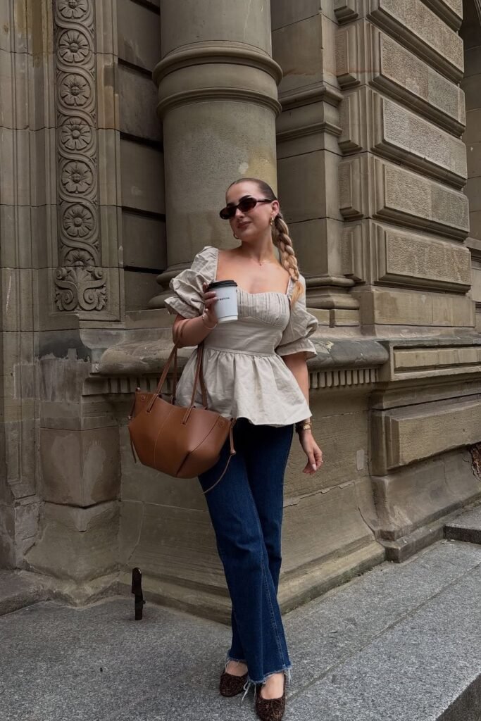Beige Peplum Blouse + Dark Wash Flared Hem Jeans + Leopard Print Pointed Toe Flats + Brown Tote Bag