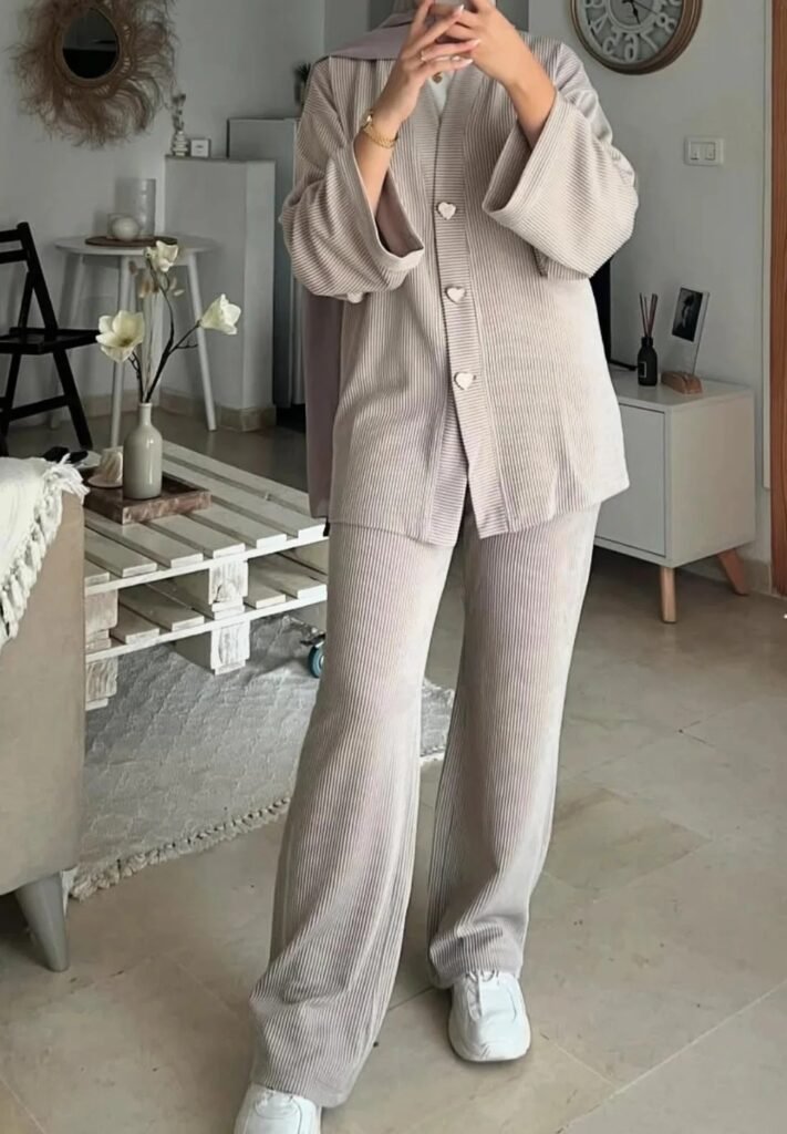 Beige Ribbed Co-ord Set + White Sneakers + Beige Hijab