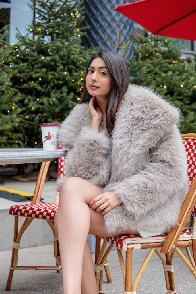 Beige Shaggy Faux Fur Coat + White Garment (Likely a dress or top/skirt)