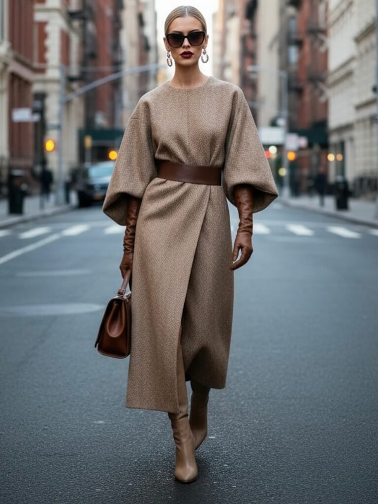 Beige Textured Kimono Coat + Brown Waist Belt + Brown Gloves + Beige Knee Boots + Brown Handbag