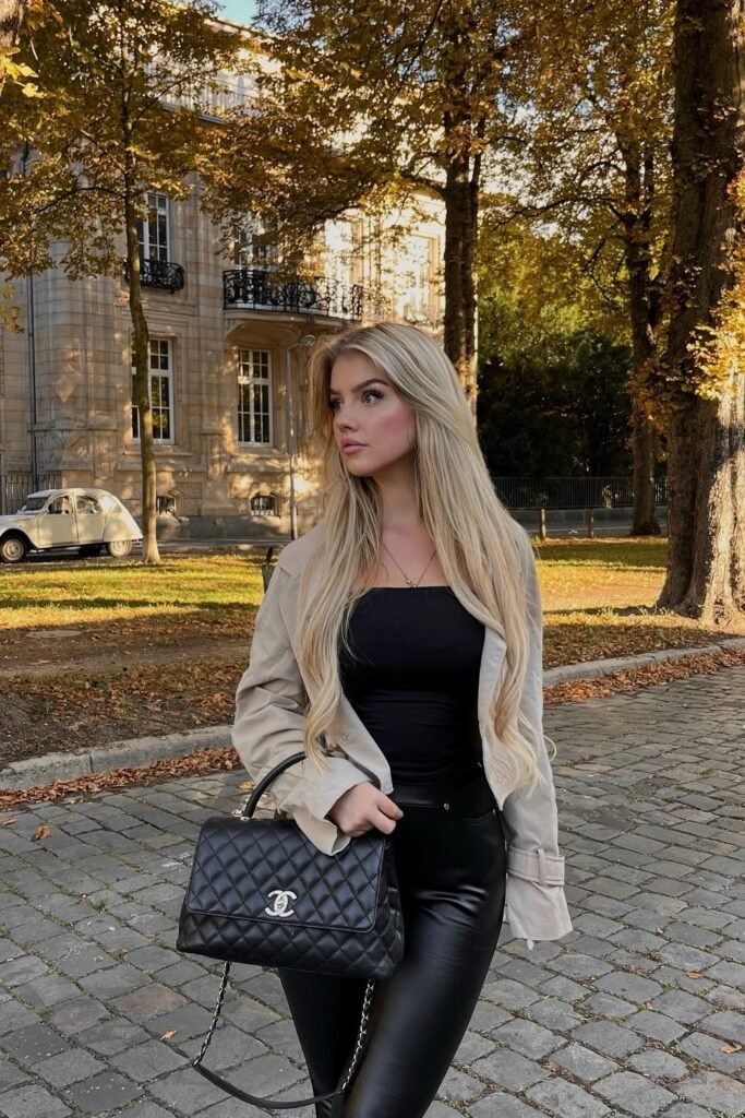 Beige Trench Coat + Black Strapless Top + Black Faux Leather Pants