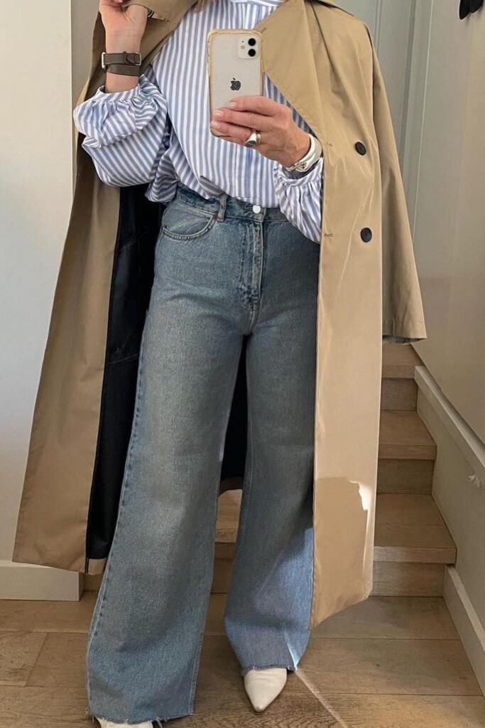 Beige Trench Coat + Blue Striped Blouse + Medium Wash Wide-Leg Jeans + White Ankle Boots
