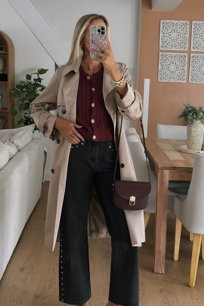Beige Trench Coat + Burgundy Cardigan + Black Wide-Leg Jeans