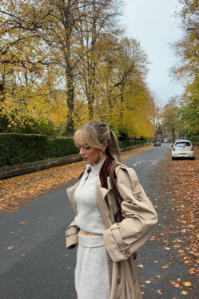 Beige Trench Coat + Light Gray Knit Mock Neck Top + Matching Knit Shorts/Skirt