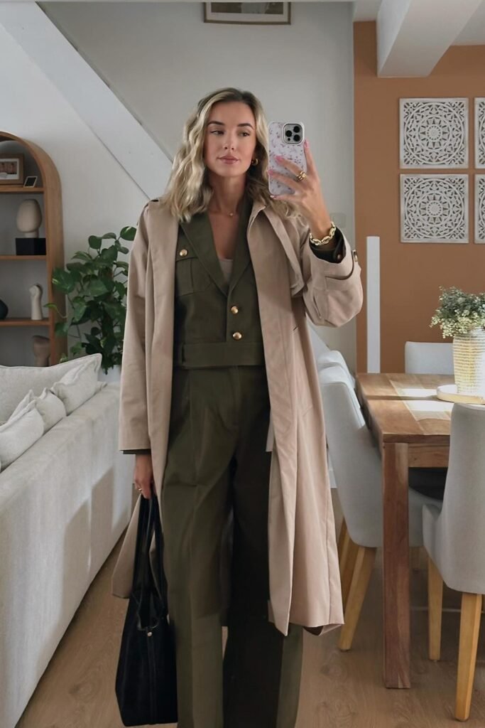 Beige Trench Coat + Olive Green Cropped Jacket + Olive Green Trousers