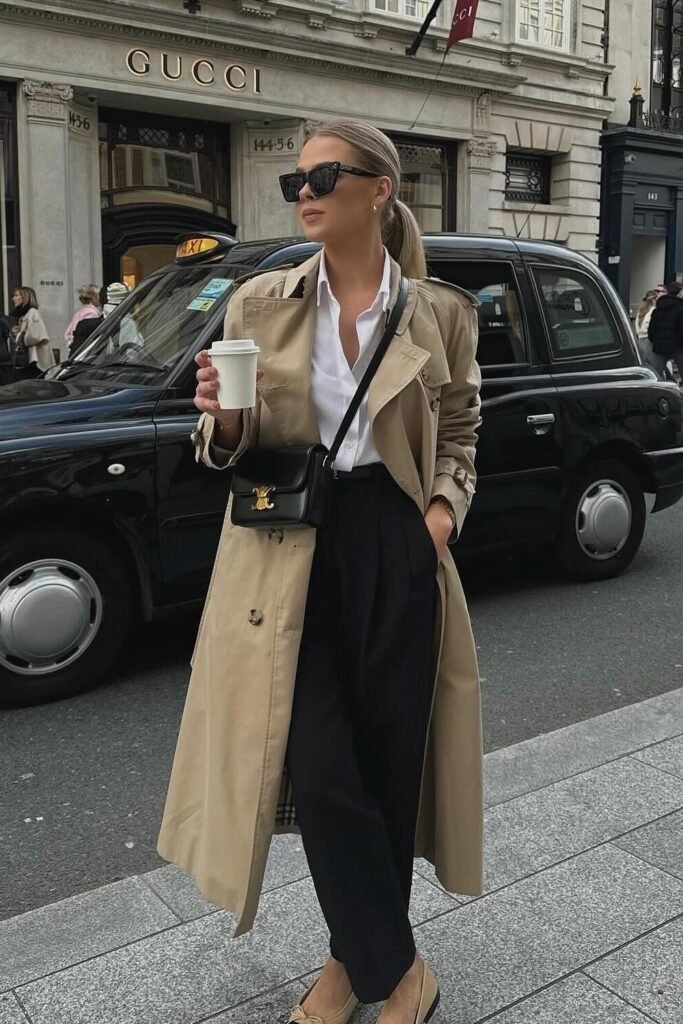 Beige Trench Coat + White Button-Up Shirt + Black Pleated Trousers + Black Crossbody Bag