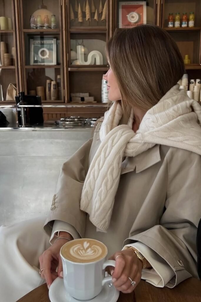 Beige Trench Coat + White Collared Shirt + Cream Knit Sweater Scarf + Gold Watch