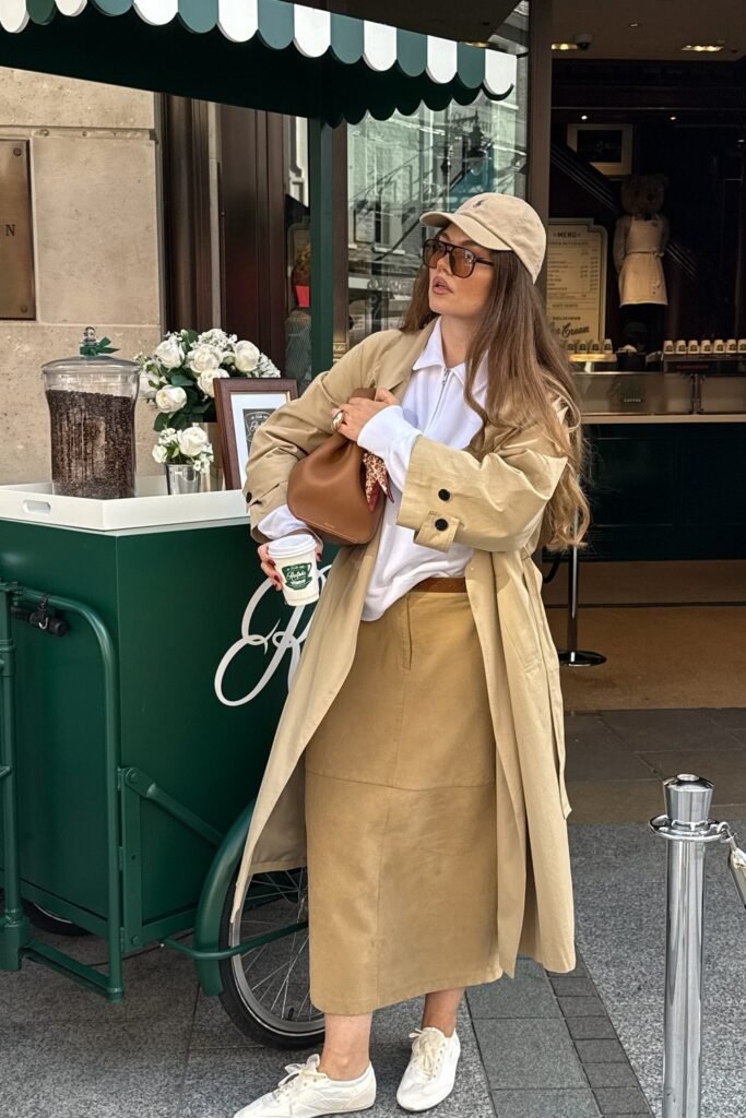 Beige Trench Coat + White Collared Shirt + Tan A-Line Midi Skirt + White Sneakers + Tan Baseball Cap