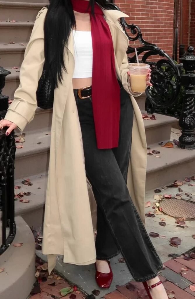Beige Trench Coat + White Crop Top + Dark Jeans + Red Scarf + Red Flats