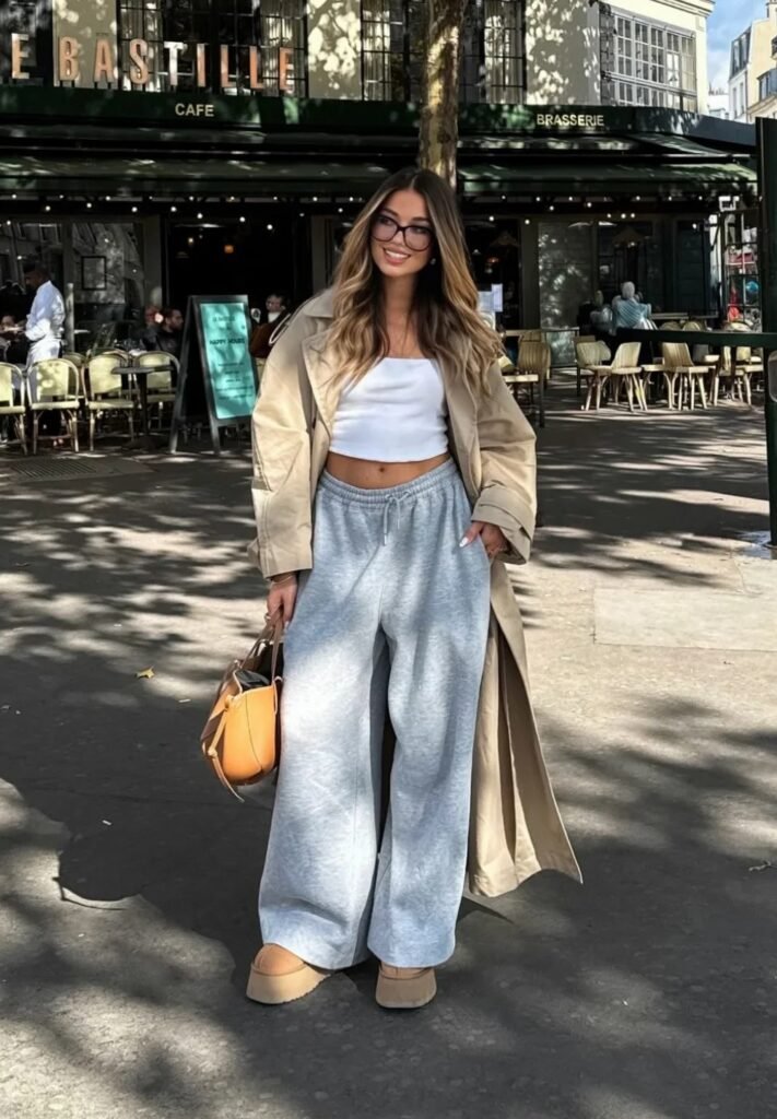 Beige Trench Coat + White Crop Tube Top + Grey Wide-Leg Sweatpants + Beige Platform Slippers