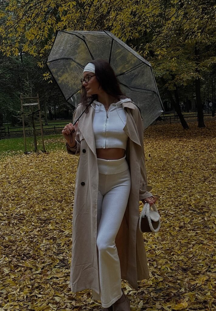 Beige Trench Coat + White Knit Cropped Hoodie Set + Headband