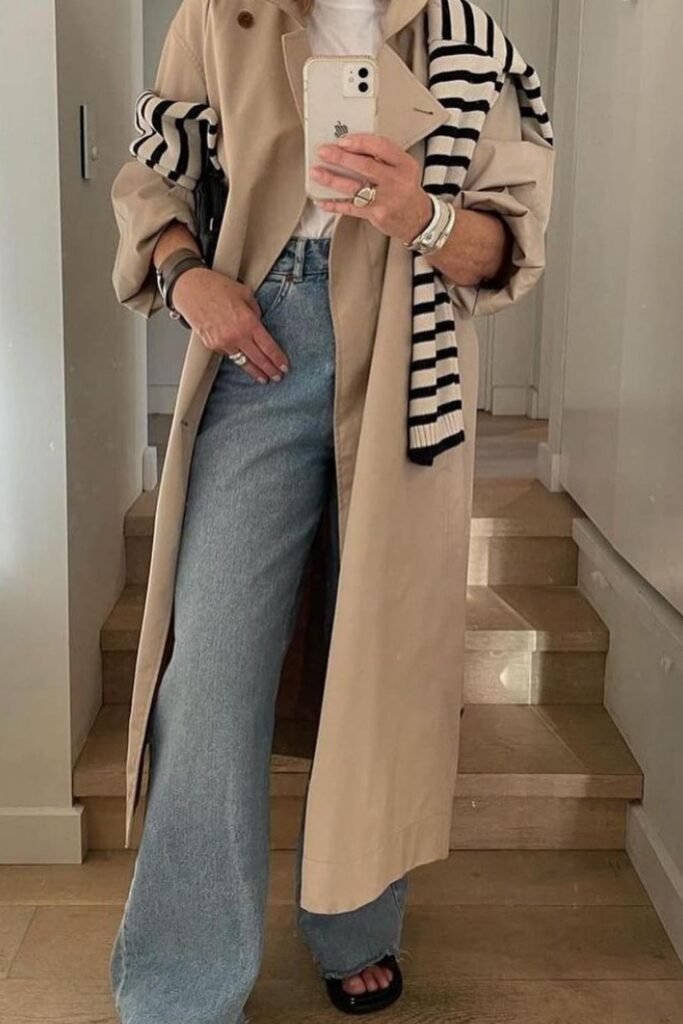Beige Trench Coat + White T-shirt + Light Wash Wide-Leg Jeans + Striped Sweater Accent