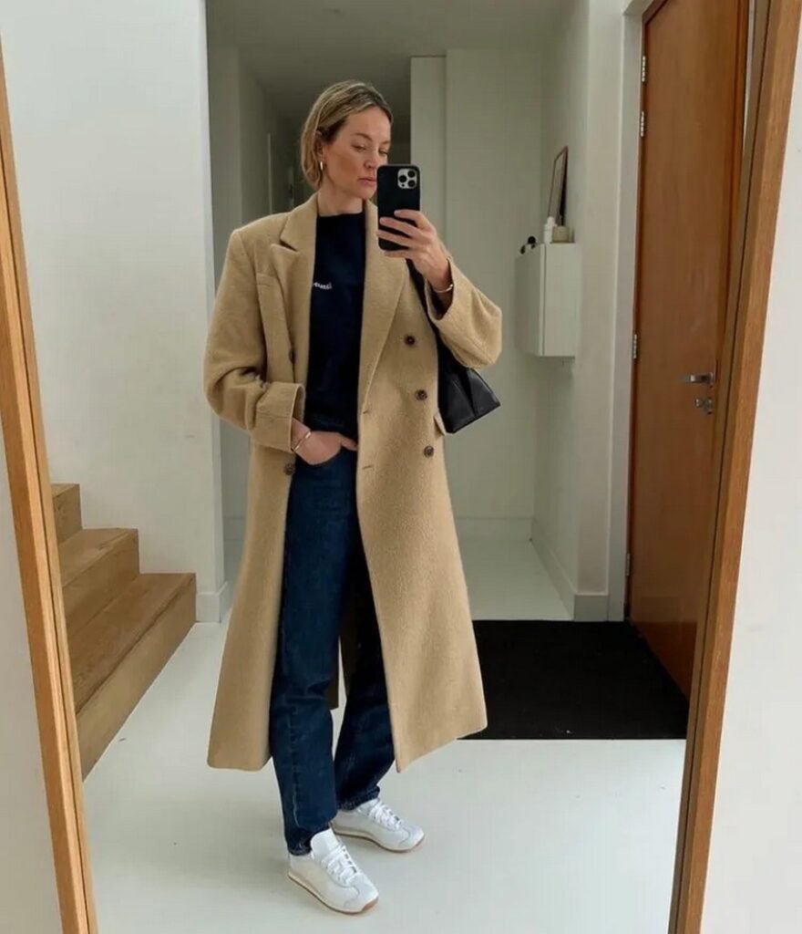Beige Wool Coat + Navy T-Shirt + Dark Wash Straight Leg Jeans + White Sneakers + Black Shoulder Bag