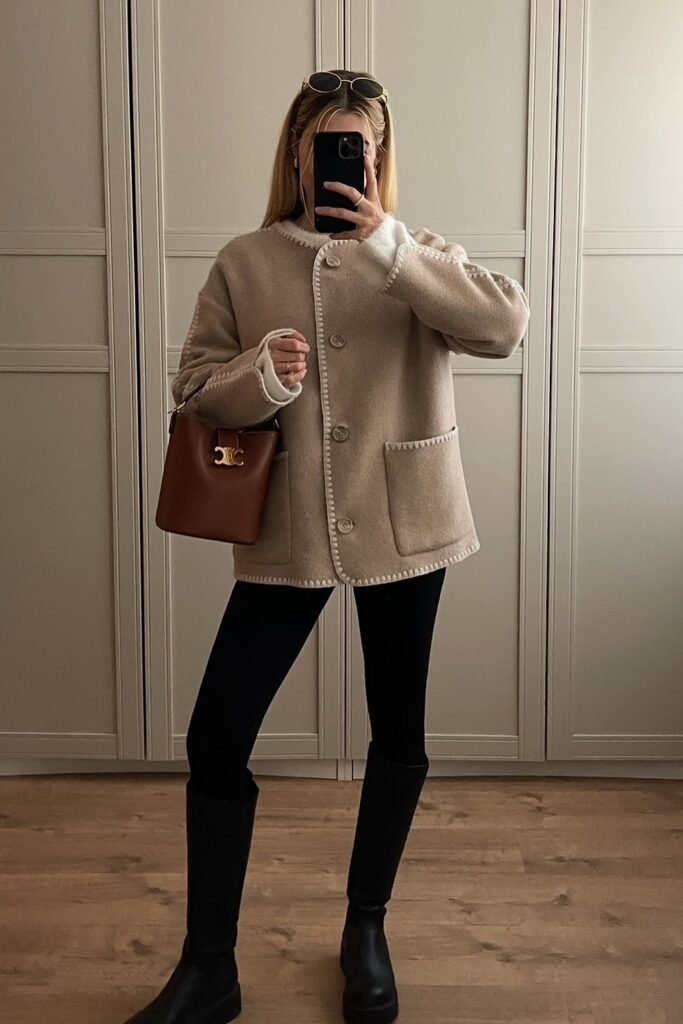 Beige Wool Jacket with Contrast Trim + Black Leggings + Black Tall Boots