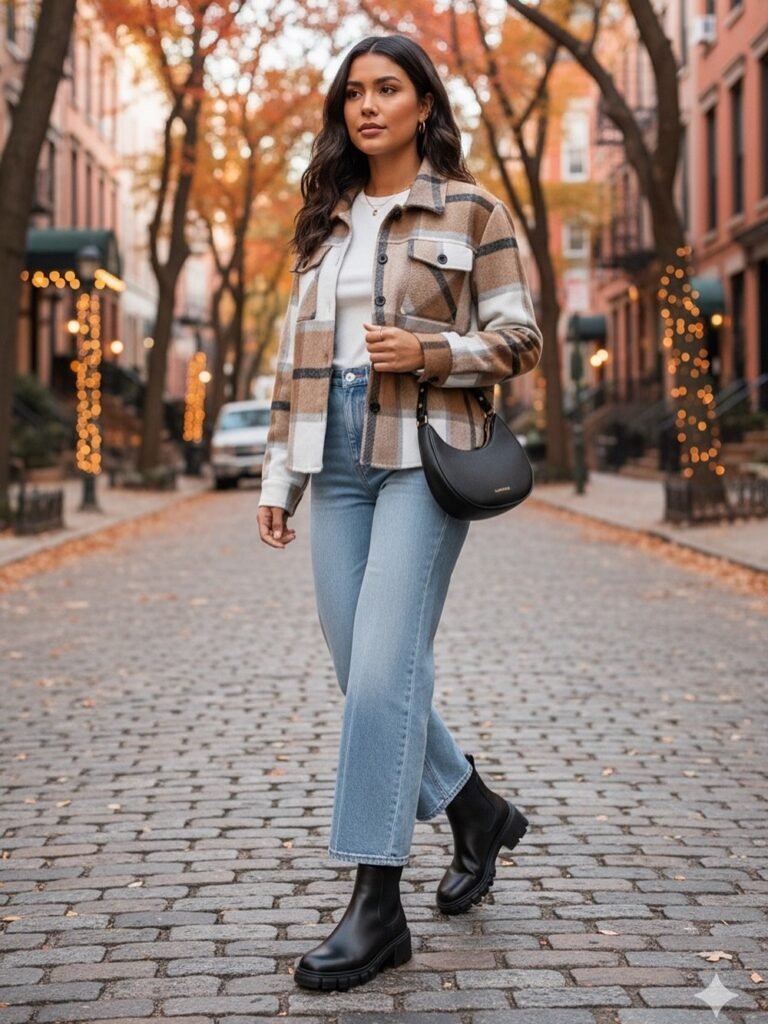 Beige and White Plaid Overshirt + White Top + Light Blue Straight-Leg Jeans + Black Chelsea Boots + Black Shoulder Bag