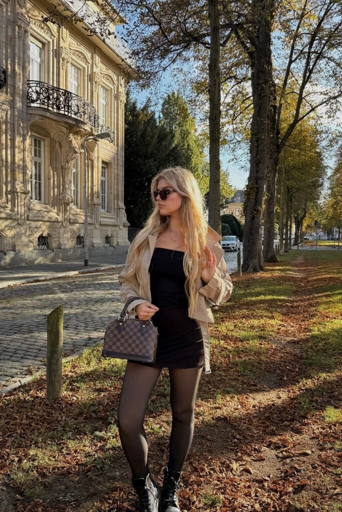 Beige/Tan Cropped Jacket + Black Tube Dress/Top + Black Tights + Black Combat Boots