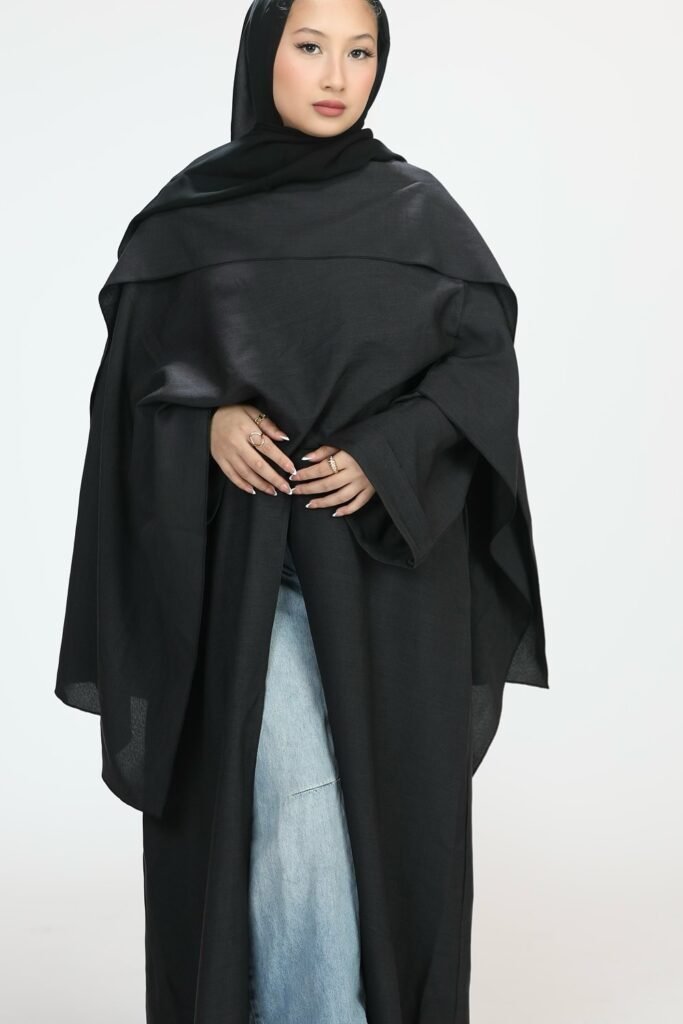 Black Abaya/Cape + Black Hijab + Light Wash Straight Jeans