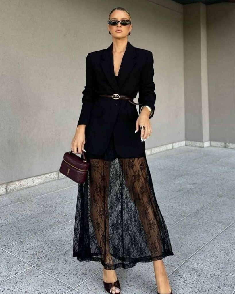 Black Belted Blazer + Sheer Black Lace Maxi Skirt + Burgundy Heels + Burgundy Mini Bag