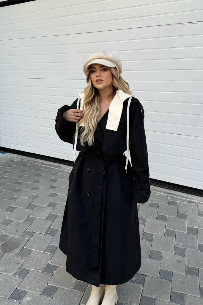 Black Belted Trench Coat + White Knit Scarf + Beige Beret Hat + Cream Ankle Boots