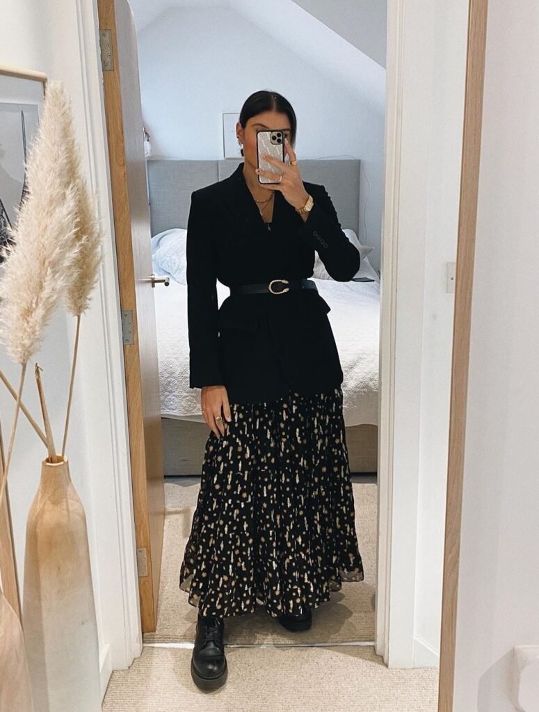 Black Blazer + Black Belt + Black and Gold Floral Print Pleated Maxi Skirt + Black Combat Boots