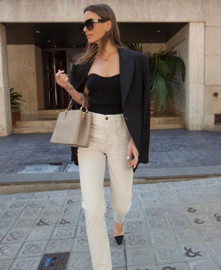 Black Blazer + Black Strapless Top + Cream Straight Leg Pants + Black and Beige Slingback Heels + Taupe Handbag