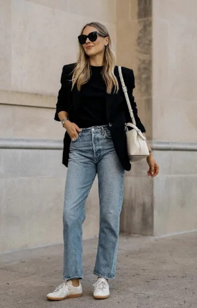 Black Blazer + Black T-Shirt + Light Wash Straight Leg Jeans + White Sneakers